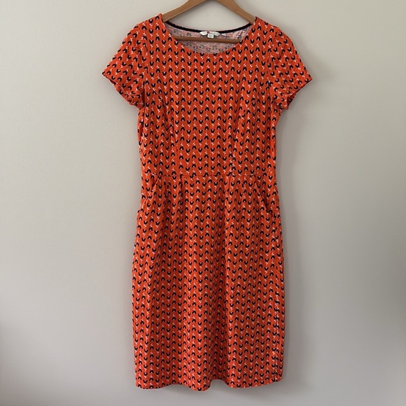 Boden Phoebe Jersey Tulip Dress Short Sleeve Pullover Floral Orange Navy Size 8L - Picture 3 of 15